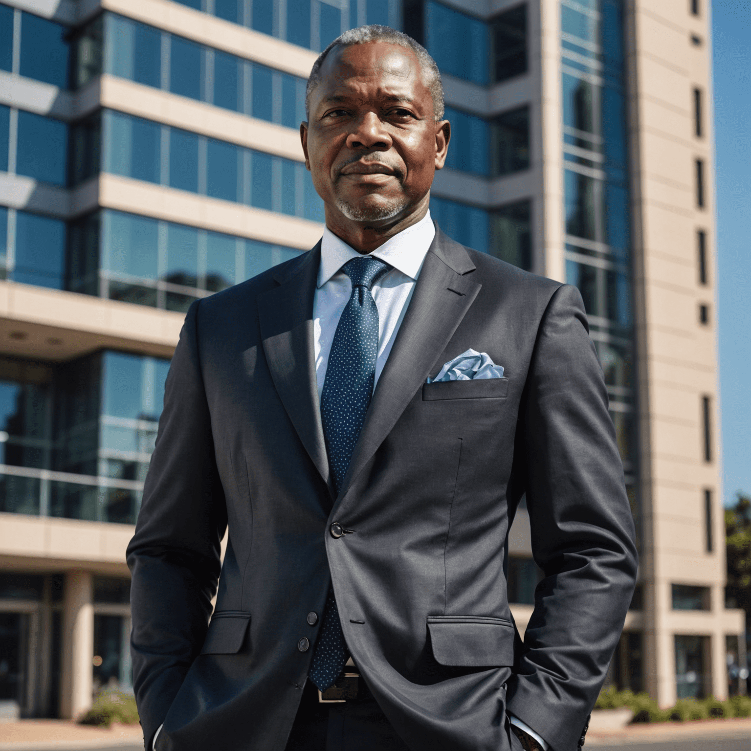 Themba Nkosi, Founder and Lead Consultant. An experienced Black South African man in his 50s wearing a professional suit, standing in front of a modern office building in Johannesburg.