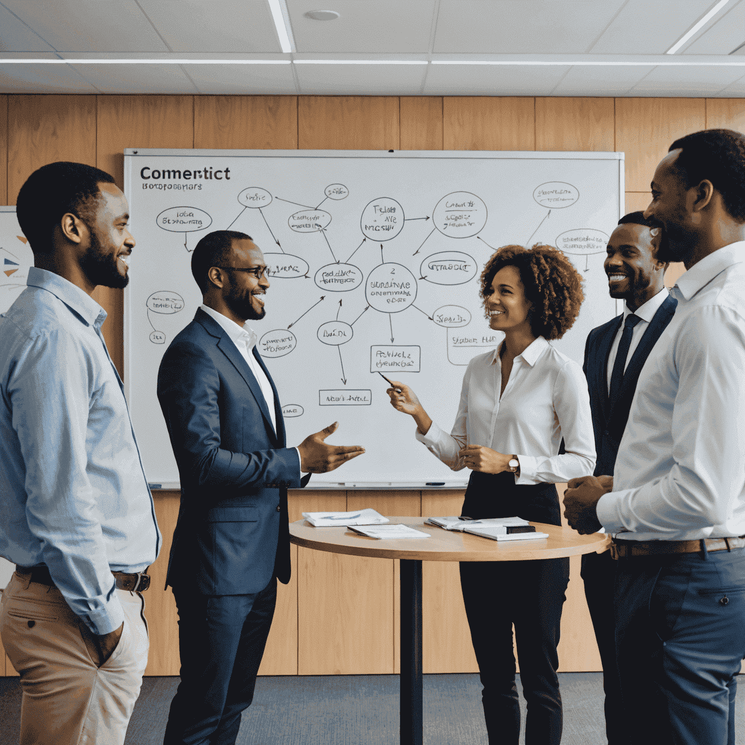 A diverse group of South African business professionals collaborating in a modern office setting, with visible representations of multiple languages on a whiteboard