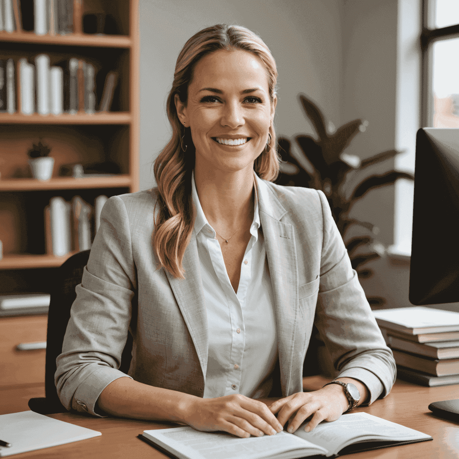 Sarah van der Merwe, Diversity Specialist. A young White South African woman in her 30s with a warm smile, wearing business casual attire, seated at a desk with diversity management books and a laptop.