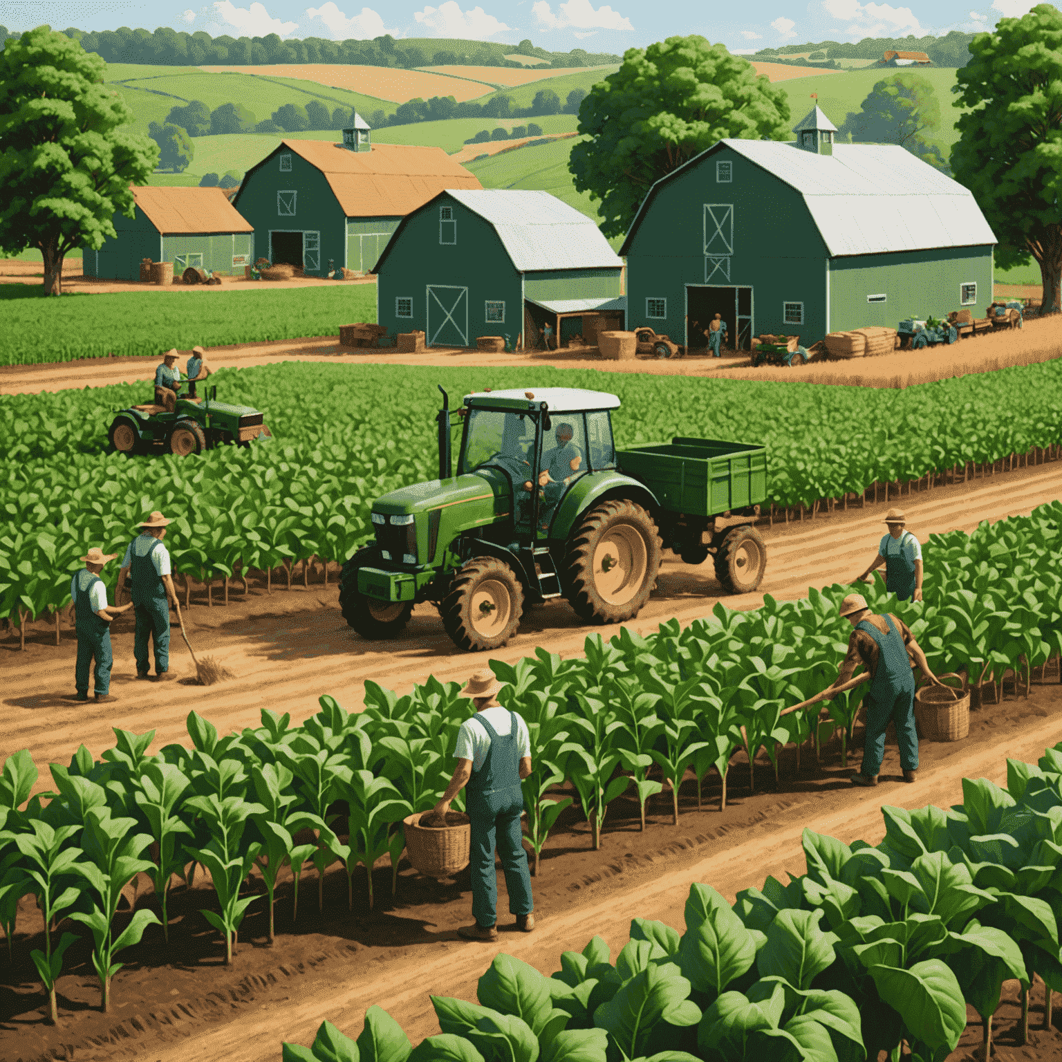 GreenGrow Agribusiness farm with workers harvesting crops